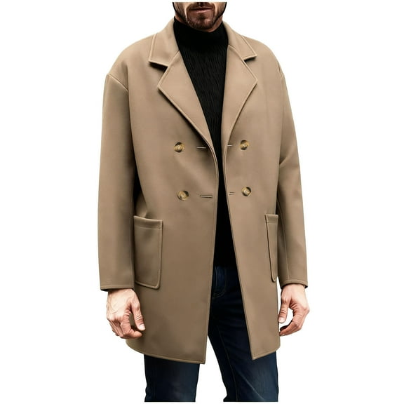 ZQUUVOU Men's Casual Trench Coat Slim Notched Lapel Fleece Long Jacket Single Breasted Pea Coat wih Pockets Outerwear Khaki