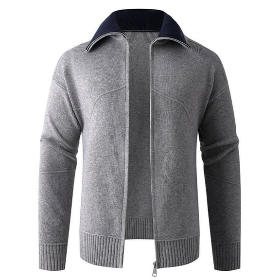 ZQUUVOU Men's Color Block Cardigan Long Sleeve Collared Zip Front Knit Sweater Open Front Coat Casual Outerwear Gray