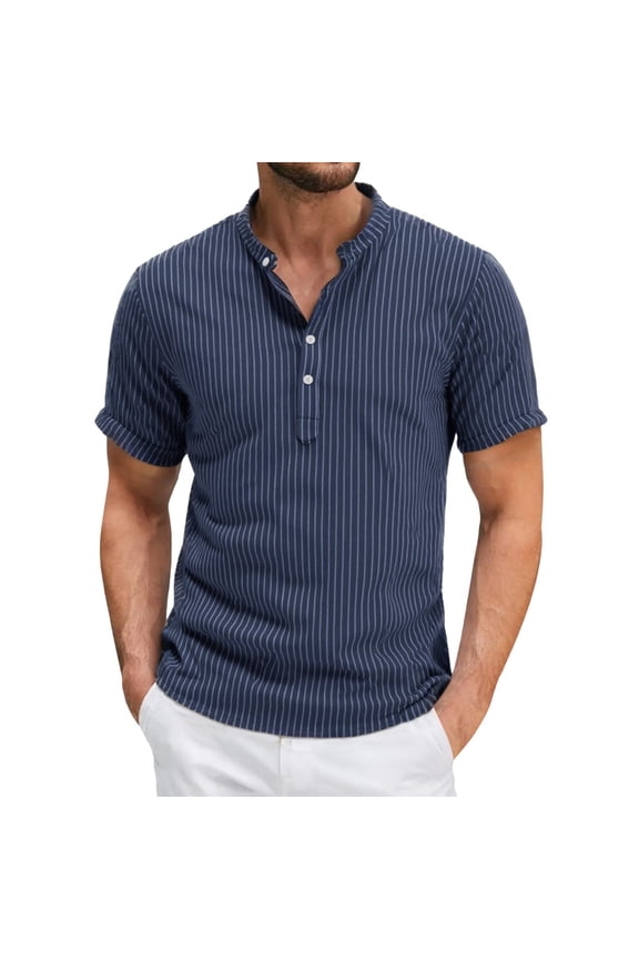 Men's Cotton Linen T Shirt Henley Short Sleeved Button Casual Loose Striped Shirt (Navy,M)