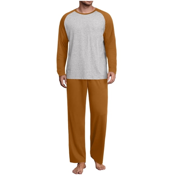 ZQUUVOU Men's Cotton Pajamas Set Casual Long Sleeves Crew Neck Shirts Long Pants Loose Home Sets Soft Loungeewear Brown