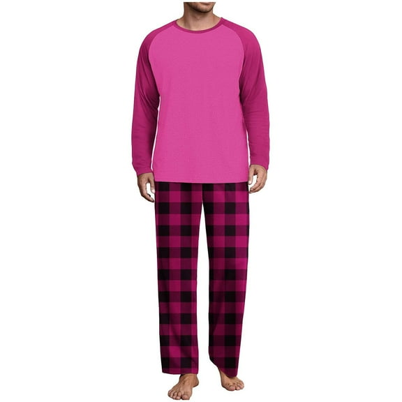 ZQUUVOU Men's Cotton Pajamas Set Casual Long Sleeves Crew Neck Shirts Long Pants Loose Home Sets Soft Loungeewear Hot Pink