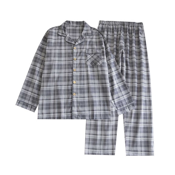 ZQUUVOU Men's Cotton Pajamas Set Casual Notch Collar Plaid Print Pajamas Long Sleeve Pocket Top Elastic Waist Pants Gray