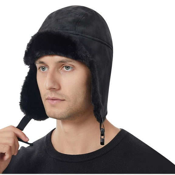 ZQUUVOU Men's Cotton Trapper Hat Winter Hats with Ear Flaps Windproof Ski Cap Buckle Closure Outdoor Windproof Hat Black
