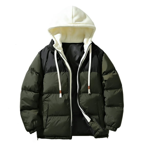 ZQUUVOU Men's Fake Two Piece Down Jackets Oversized Full Zipper Hooded Coat with Pocket Fall Winter Thicken Warm Coats Olive Green B