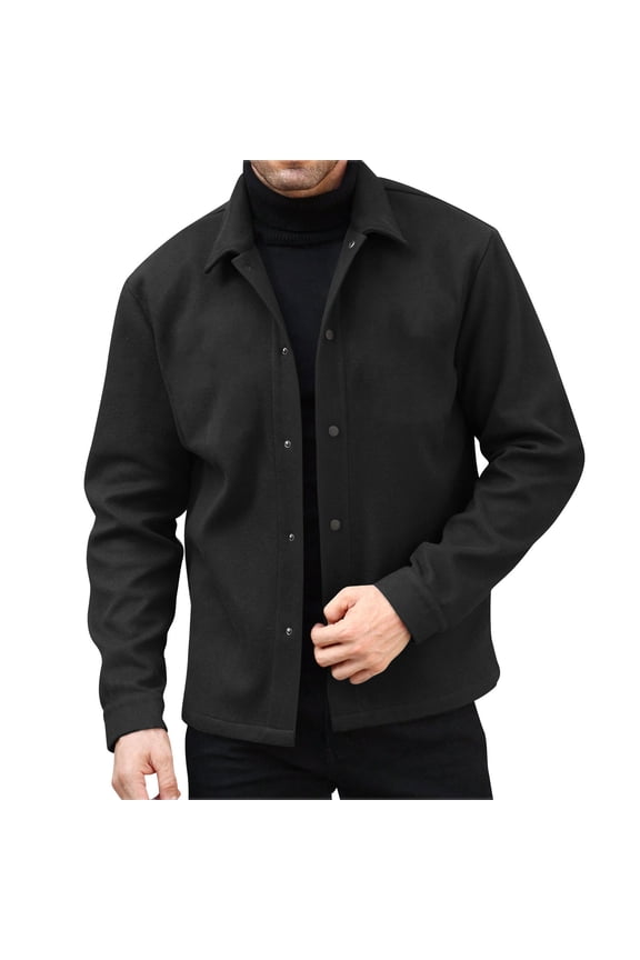 Men's Fall Jacket Collar Solid Long Sleeve Button Front Wool Blend Jacket Regular Casual Blazer for Work Office Wear Black