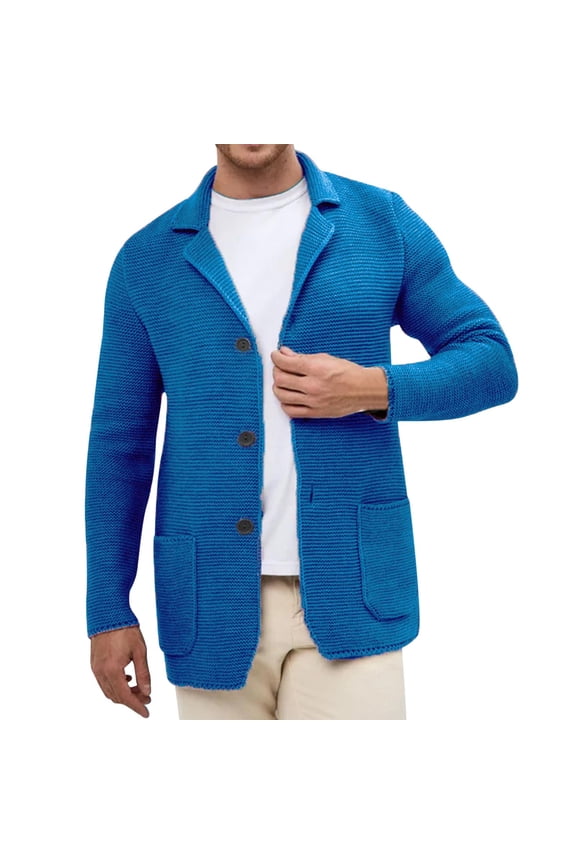 Men's Fall Notch Lapel Cardigan Sweater Cable Knit Double Breasted Winter Trendy Chunky Sweater Jackets with Pockets Blue
