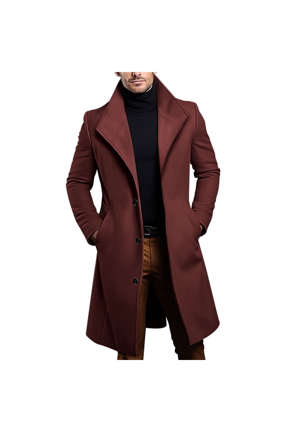Men's Fall Trench Coat Solid Mid Length Wool Blend Coat Lapel Collar Button Front with Pockets for Formal Casual Burgundy