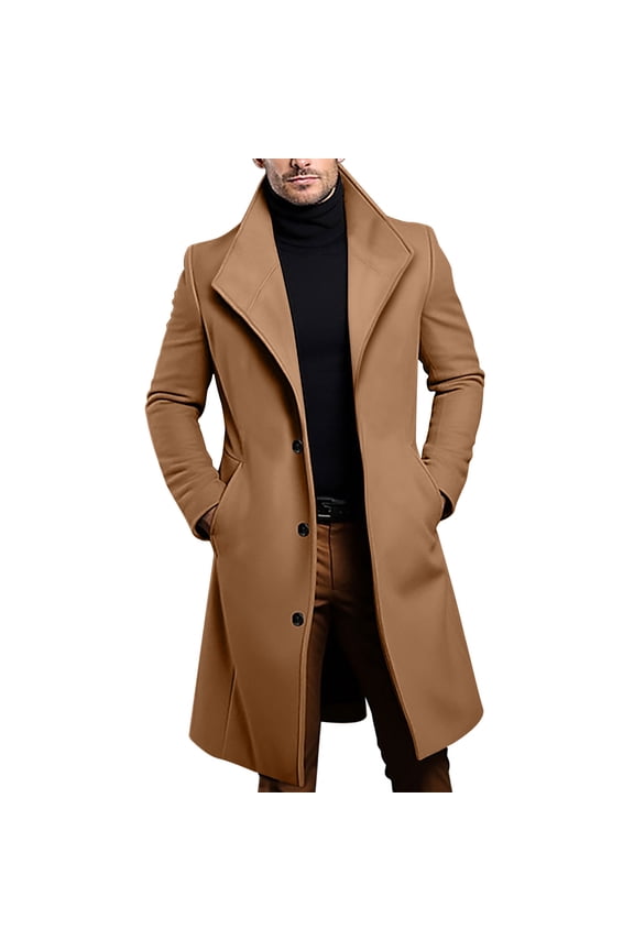 Men's Fall Trench Coat Solid Mid Length Wool Blend Coat Lapel Collar Button Front with Pockets for Formal Casual Coffee