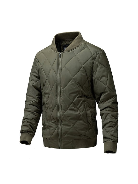 Men's Fall Trendy Jacket Stand Collar Zip Front Cotton Padded Jacket Quilted Casual Comfortable Coat Green