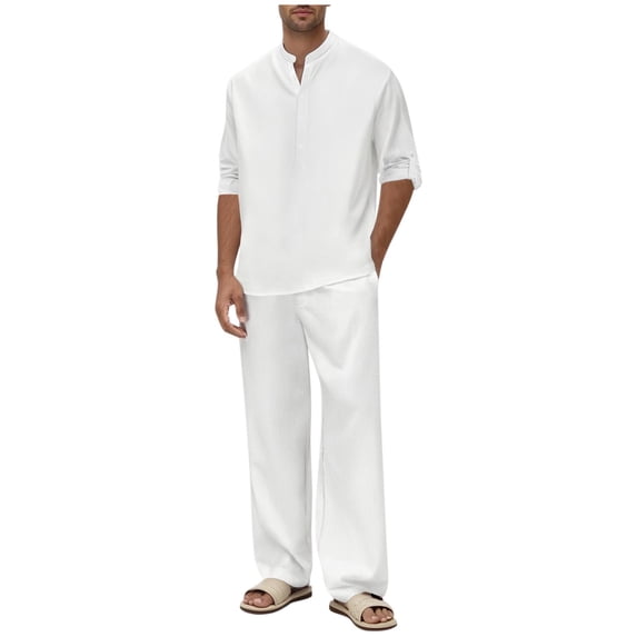 ZQUUVOU Men's Fall Winter 2 Piece Set Stand Collar Long Sleeve Shirts with Matching Pants Casual Dress Outfit White