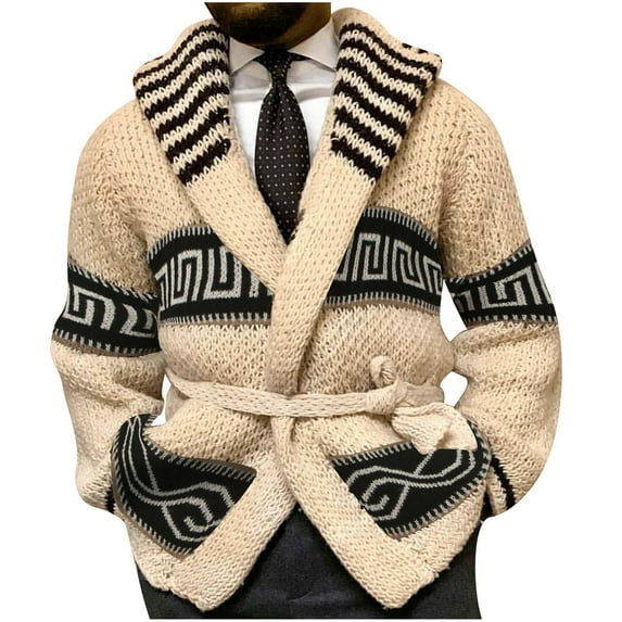ZQUUVOU Men's Fashion Knitwear Vintage Fall Winter Warm Sweater Coat Shawl Lapel Button Plus Size Cable Knited Cardigan Sweater Beige A
