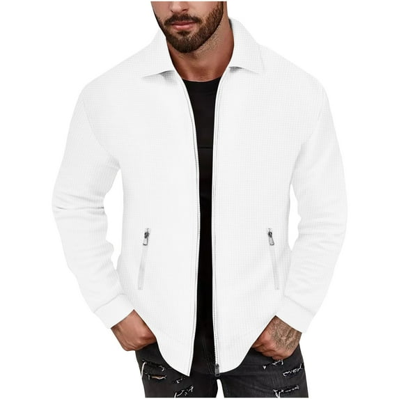 ZQUUVOU Men's Fashion Lightweigh Solid Color Zipper Pockets Jacket Tops Gentleman Fall Casual Lapel Long Sleeve Hoodless Outwear Clothes White