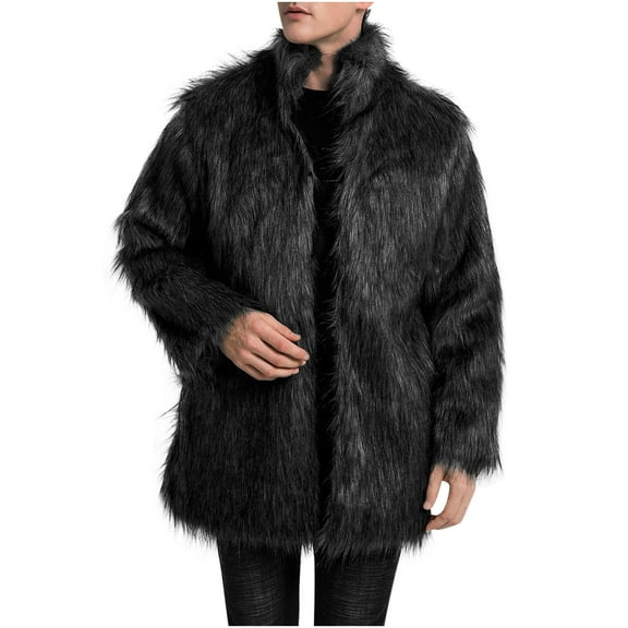ZQUUVOU Men's Faux Fur Jacket Stand Collar Thermal Insulated Long Sleeve Winter Cold Protection Warm Fluffy Furry Trench Coat Black