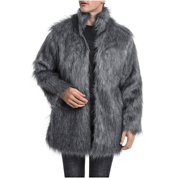 ZQUUVOU Men's Faux Fur Jacket Stand Collar Thermal Insulated Long Sleeve Winter Cold Protection Warm Fluffy Furry Trench Coat Dark Gray