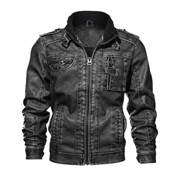ZQUUVOU Men's Faux Leather Jacket Distressed Jean Jacket Zipper Multi Pocket Stand Collar Vintage Fall Winter Coat Black