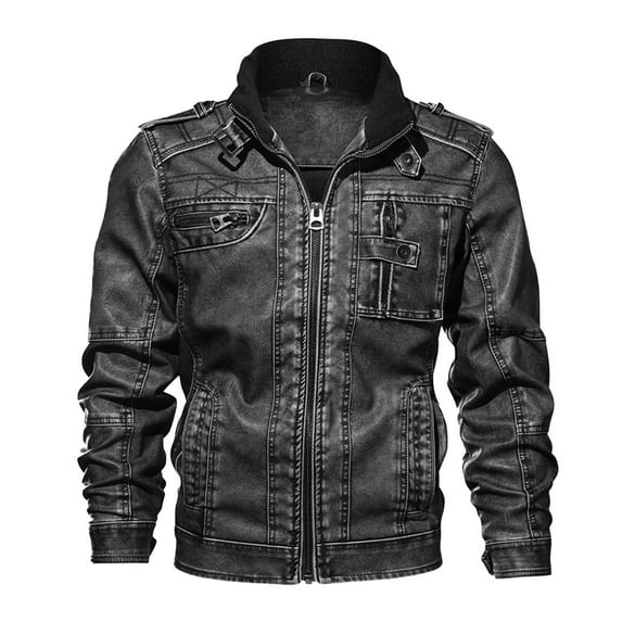 ZQUUVOU Men's Faux Leather Jacket Distressed Jean Jacket Zipper Multi Pocket Stand Collar Vintage Fall Winter Coat Black