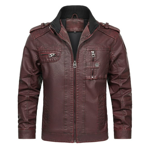 ZQUUVOU Men's Faux Leather Jacket Distressed Jean Jacket Zipper Multi Pocket Stand Collar Vintage Fall Winter Coat Burgundy