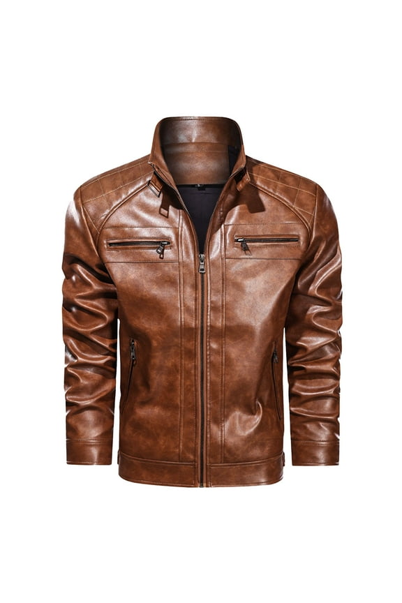 Men's Faux Leather Jacket Long Sleeve Hoodless Fall Winter Zip Front Casual Loose Coat with Pockets Brown