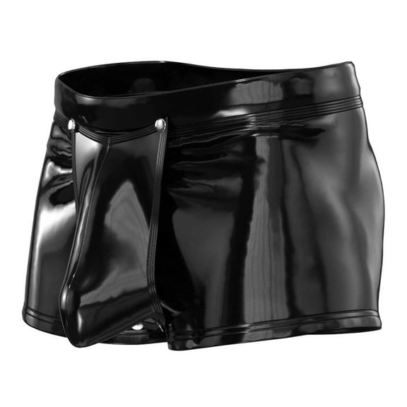 ZQUUVOU Men's Faux Leather Pu Boxer Briefs Shiny Metallic Shorts Shiny Buckle Party Cocktail (Black,S)