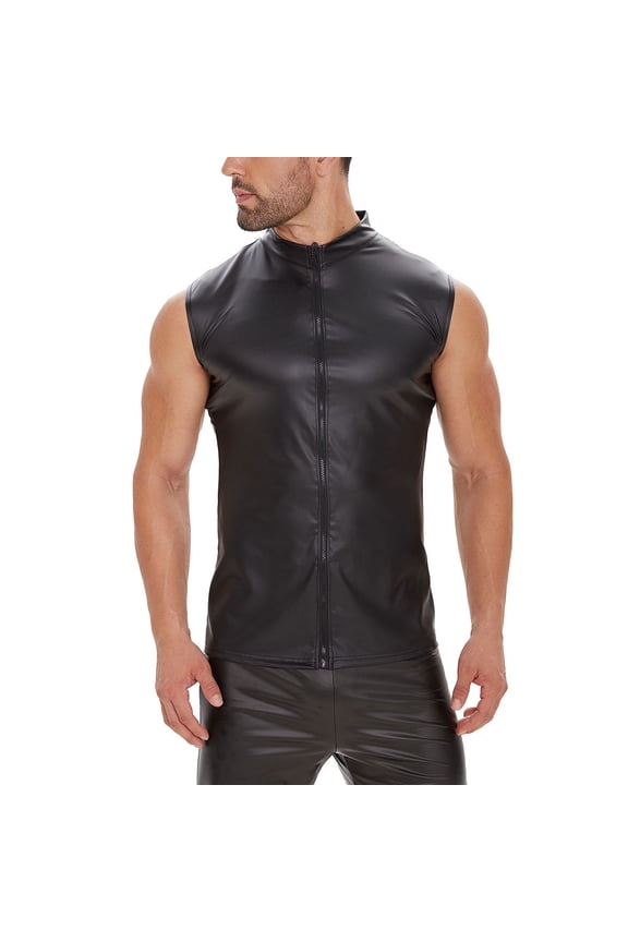 Men's Faux Leather Vest Motorcycle Sleeveless Zipper Jacket Stand Collar Muscle Waistcoats Shirts Matte Casual Blazer Black