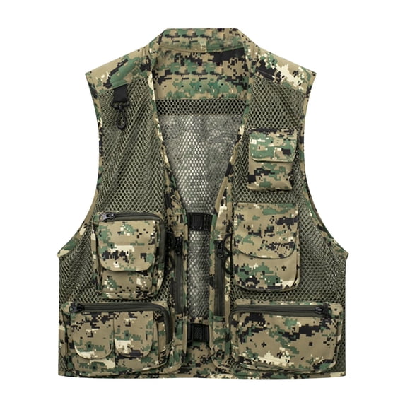 ZQUUVOU Men's Fishing Cargo Vest Camo Sleeveless Multi Pocket Button Front Mesh Hunting Hiking Climbing Outdoor Jacket Green