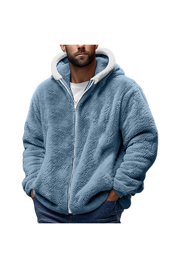 Men's Fleece Hooded Jacket Zipper Front Solid Color Double Faced Plush Long Sleeve Coat Blouse Sweatshir Blue