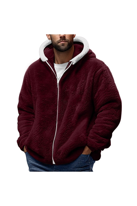 Men's Fleece Hooded Jacket Zipper Front Solid Color Double Faced Plush Long Sleeve Coat Blouse Sweatshir Burgundy