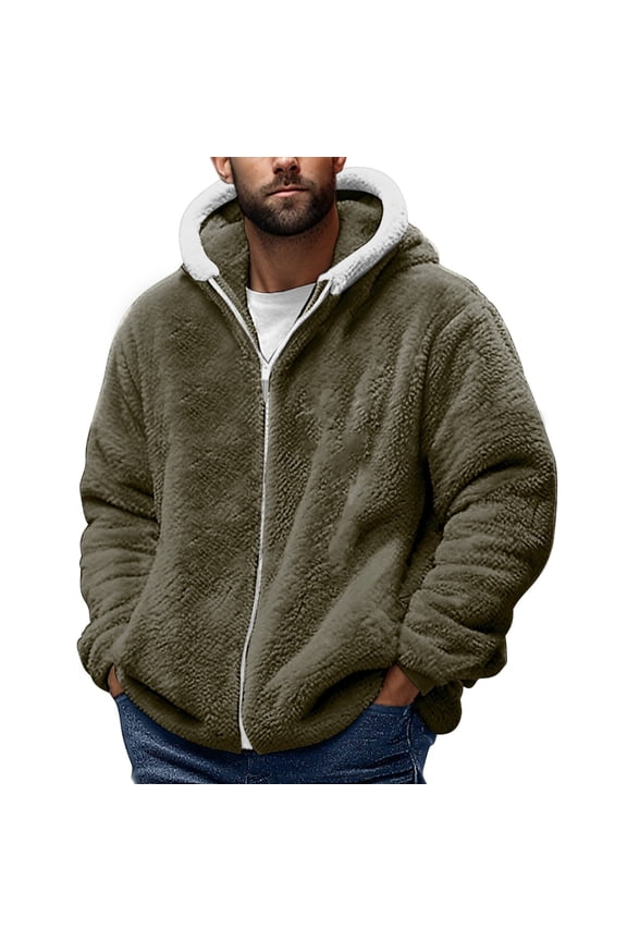 Men's Fleece Hooded Jacket Zipper Front Solid Color Double Faced Plush Long Sleeve Coat Blouse Sweatshir Olive Green