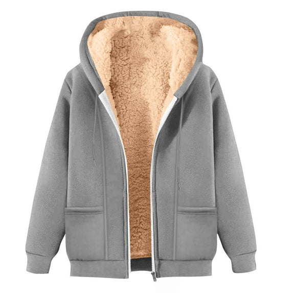 ZQUUVOU Men's Fleece Lined Jacket Solid Full Zip Plush Fleece Hoodie Long Sleeve Jacket with Pockets for Cold Weather Gray