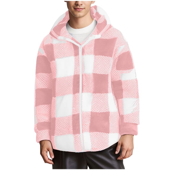 ZQUUVOU Men's Fuzzy Hoodie Checkered Zipper Double Faced Fleece Long Sleeve Jacket Warm Soft Fall Winter Fashion Tops Pink
