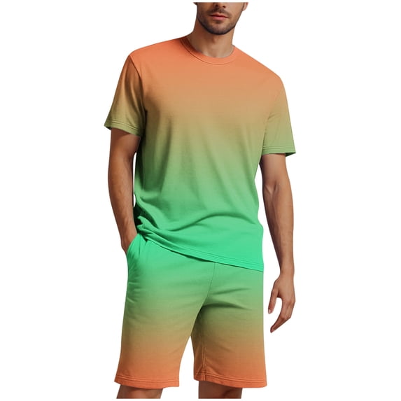 ZQUUVOU Men's Gradient Print Sport Set Short Sleeve Fitted Tee and Elastic Waist Shorts Athletic 2 Piece Gym Training Outfit Green