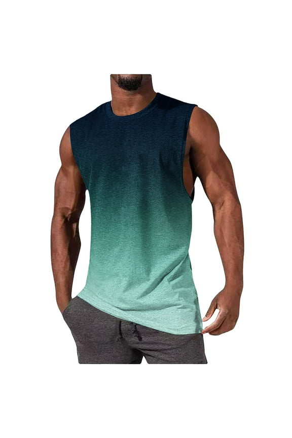 Men's Gradient Print Tank Top Sleeveless Pullover Round Neck Muscle Athletic Workout Vest Gym Tee Shirts Olive Green