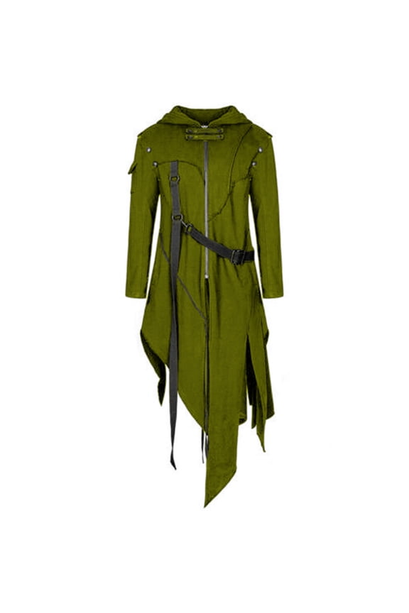 Men's Halloween Vintage Zipper Up Asymmetrical Hoodie Jacket Gentleman Gothic Punk Long Shirt Role Play Party Outwear Coat Army Green