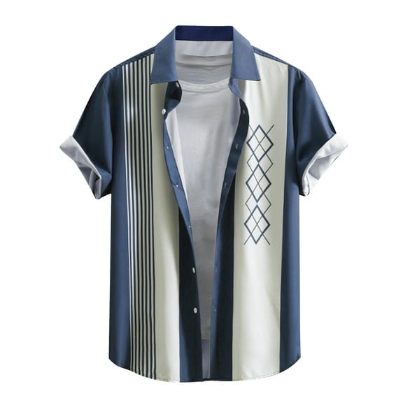 ZQUUVOU Men's Hawaiian Shirt Contrasting Printed Button Short Sleeved Lapel Shirts (Navy,S)