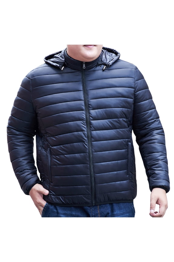 Men's Hooded Down Jacket Winter Solid Color Detachable Hood Puffer Jacket Zip Front Cardigan with Pockets Black