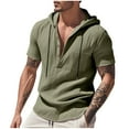 thumbnail image 1 of ZQUUVOU Men's Hooded Shirt Henley Solid Color Cotton Linen Short Sleeve Button Pocket Shirts (Army Green,S), 1 of 9