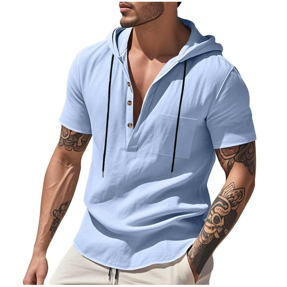 ZQUUVOU Men's Hooded Shirt Henley Solid Color Cotton Linen Short Sleeve Button Pocket Shirts (Light Blue,S)
