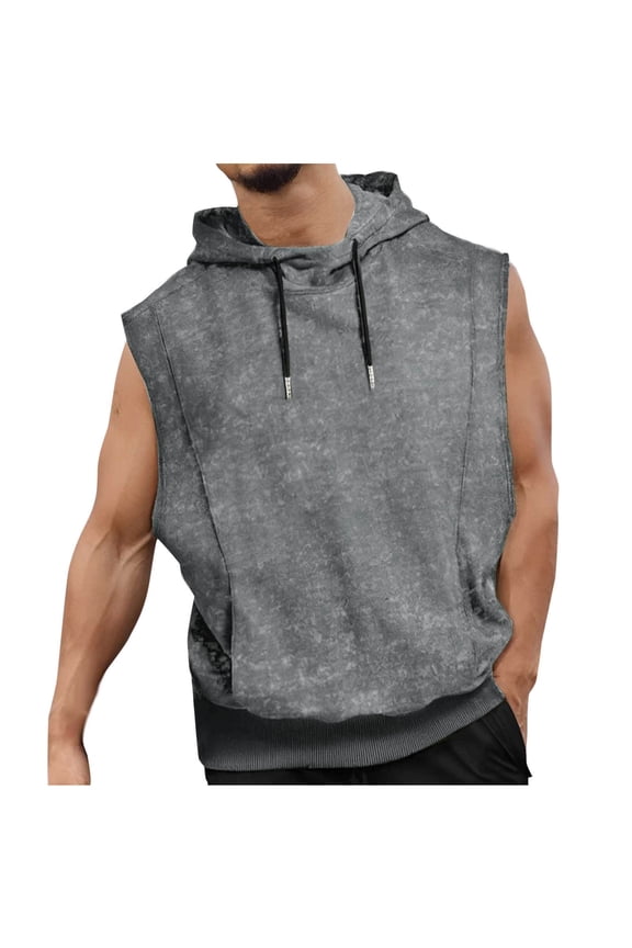 Men's Hooded Sleeveless Vest with Drawstring Casual Sports Solid Color Adjustable Hood Pullover Workout Top Gray