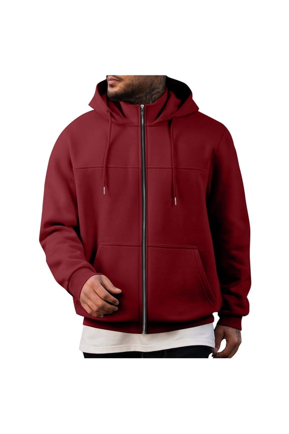 Men's Hooded Sweatshirts Solid Color Zip Up Hoodie Fleece Lined Jacket with Pockets Plush Warmth for Fall Winter Burgundy