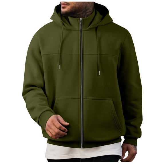 ZQUUVOU Men's Hooded Sweatshirts Solid Color Zip Up Hoodie Fleece Lined Jacket with Pockets Plush Warmth for Fall Winter Olive Green