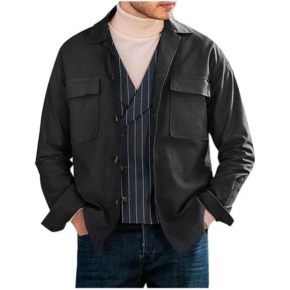 Gpaecead Men's Jacket Lapel Leisure Solid Color Button Long Sleeves Coat Pocket Black