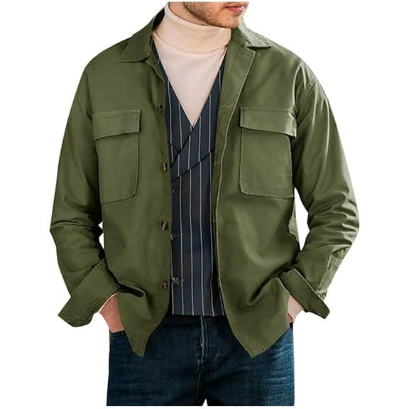 ZQUUVOU Men's Jacket Lapel Leisure Solid Color Button Long Sleeves Coat Pocket (Olive Green,XL)
