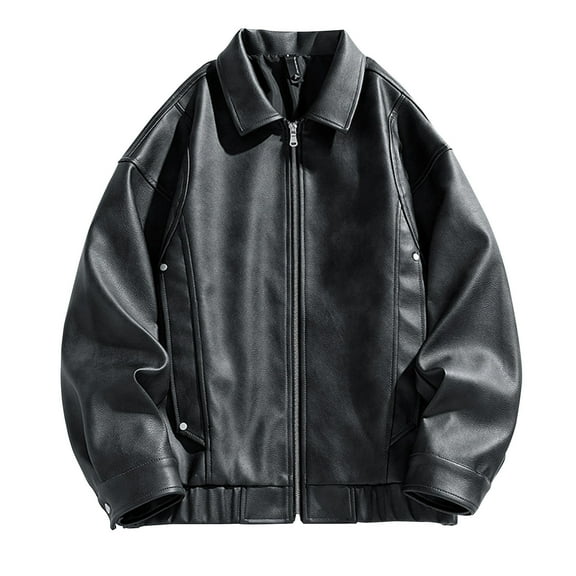 ZQUUVOU Men's Jacket Lapel Solid Color Pocket Collar Long Sleeves Leather Jacket Zipper (Black,3XL)
