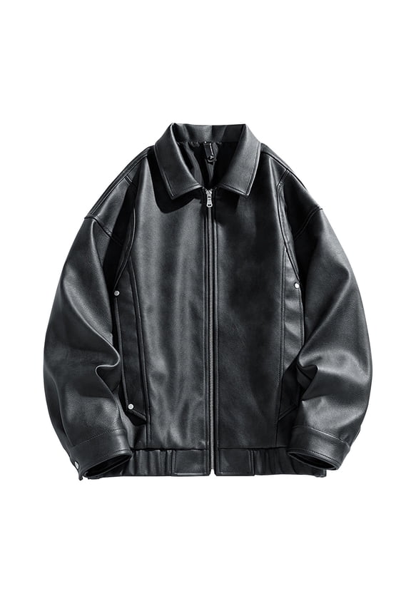 Men's Jacket Lapel Solid Color Pocket Collar Long Sleeves Leather Jacket Zipper (Black,3XL)