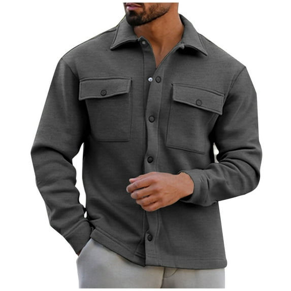 ZQUUVOU Men's Jacket Pocket Lapel Solid Color Casual Fleece Button Down Jacket (Dark Gray,L)