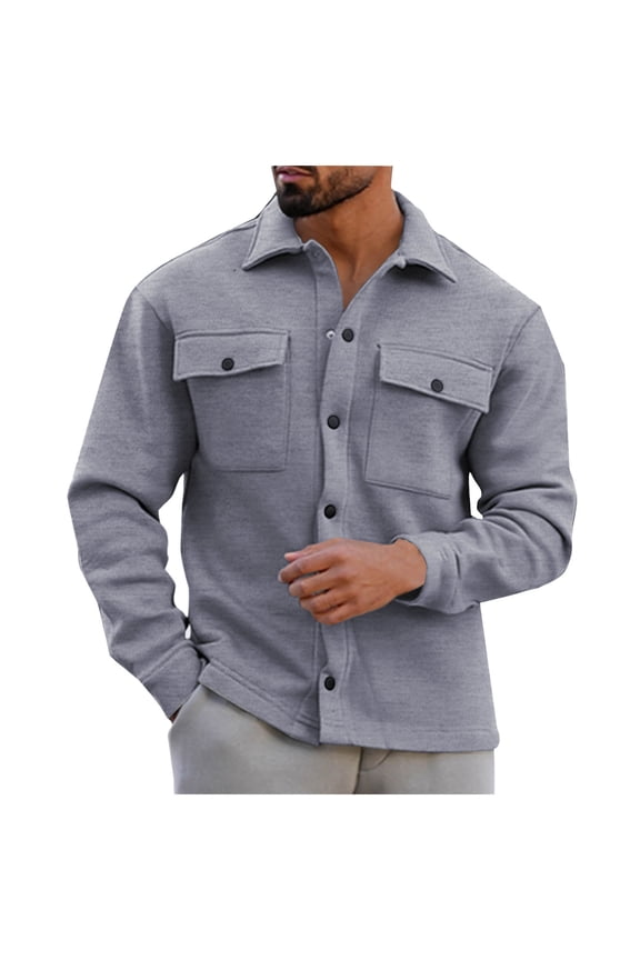 Men's Jacket Pocket Lapel Solid Color Casual Fleece Button Down Jacket (Gray,M)