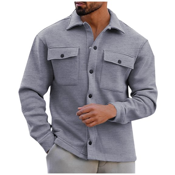 ZQUUVOU Men's Jacket Pocket Lapel Solid Color Casual Fleece Button Down Jacket (Gray,XL)
