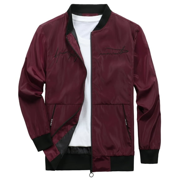 ZQUUVOU Men's Jacket Solid Color Long Sleeve Hoodless Casual Coat (Burgundy,L)