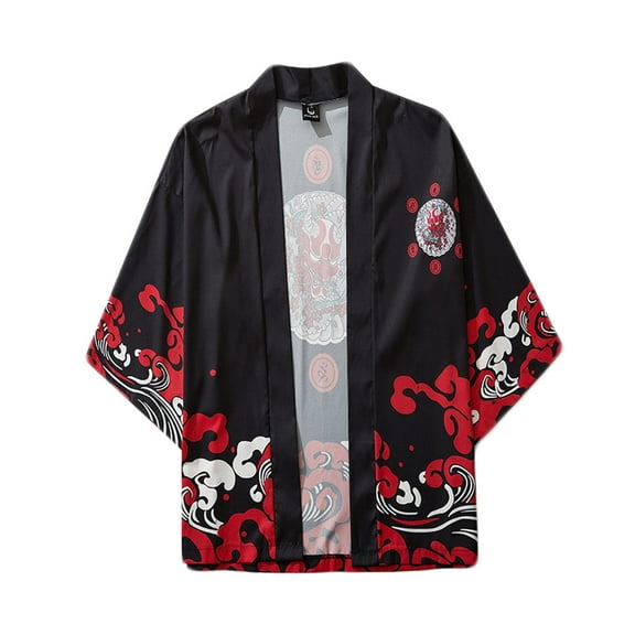 ZQUUVOU Men's Japanese Kimono Cardigan Jacket Gentleman Casual Seven Sleeve Open Front Coat Lightweight Novelty Printed Cloak Outwear Black