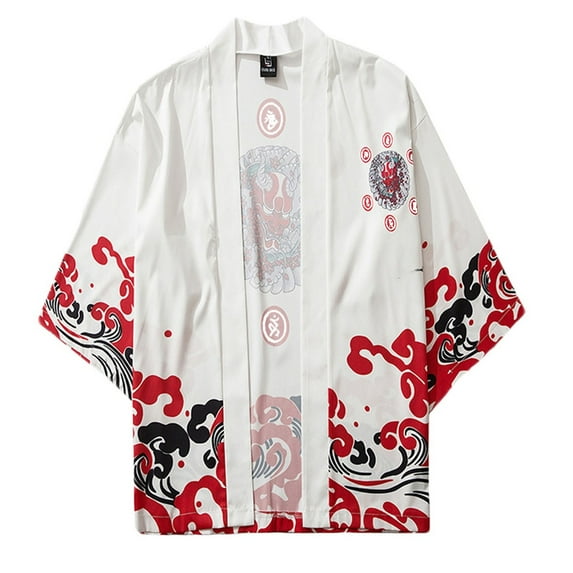 ZQUUVOU Men's Japanese Kimono Cardigan Jacket Gentleman Casual Seven Sleeve Open Front Coat Lightweight Novelty Printed Cloak Outwear White